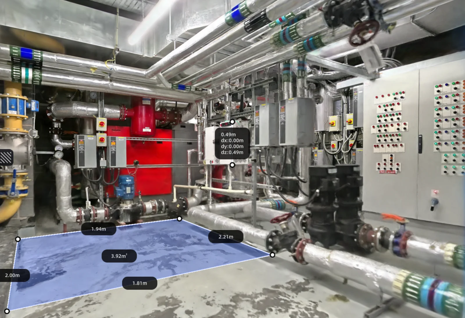 Interactive 3D scan of a plant room interior with on-model measurements